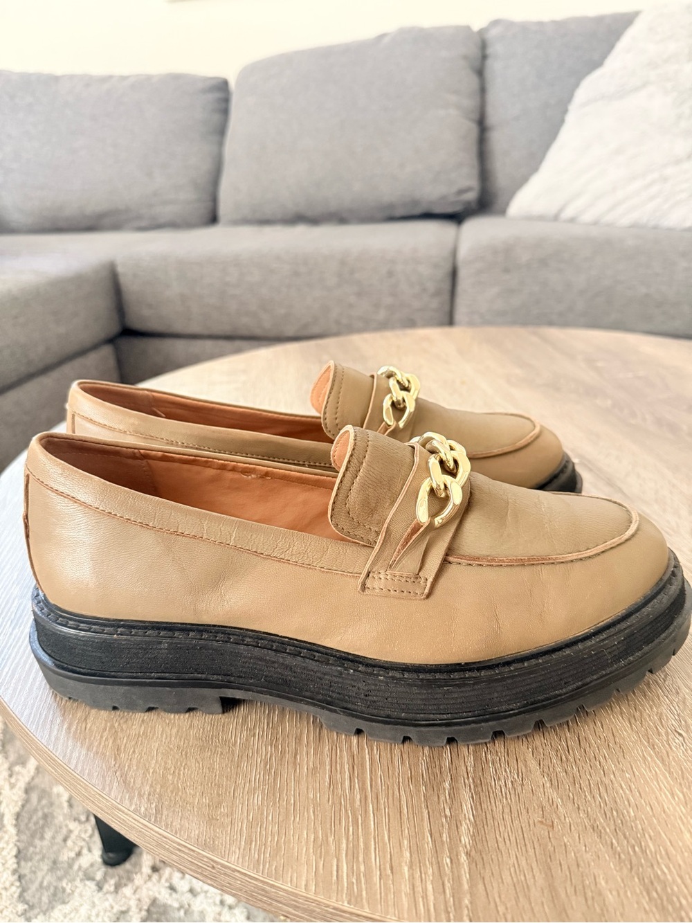 Crevo Taupe Loafers with Gold Chain Accent - Picture 3 of 5